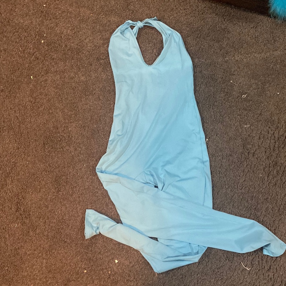 Blue jumpsuit halter top with lower back cut out